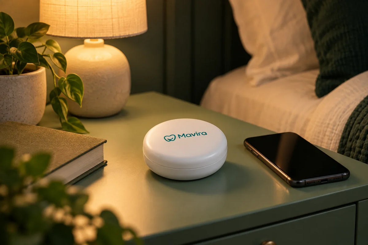 A white Mavira retainer case on a sage bedside table beside a lamp and book.
