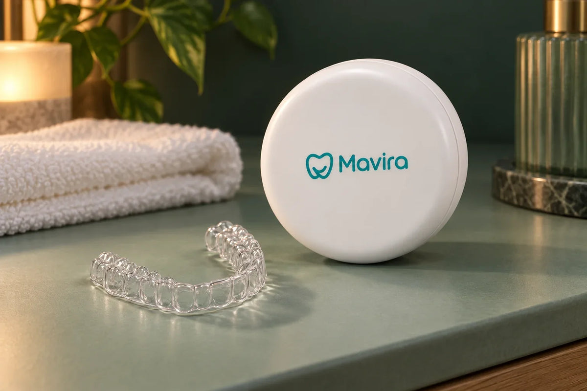 Clear retainer beside a white Mavira case on a sage-green counter, with a folded towel in the background.