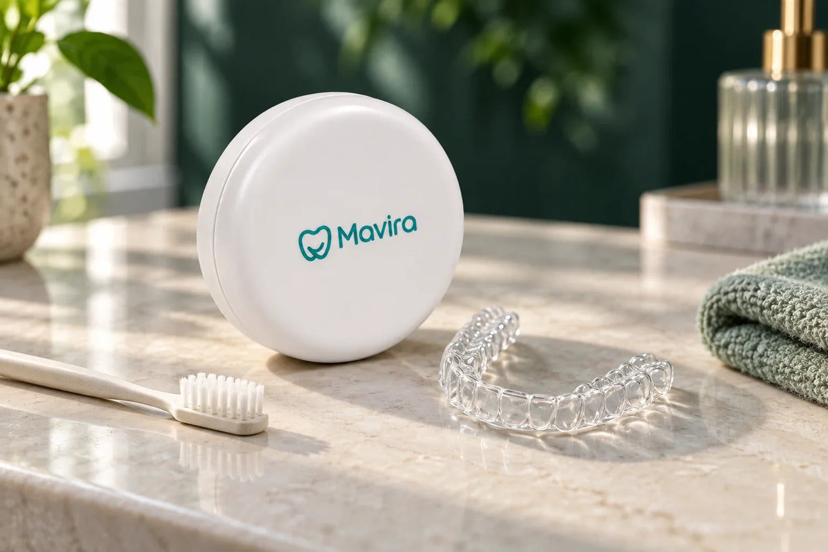 Clear retainer and white Mavira case with a soft brush on a pale bathroom counter.