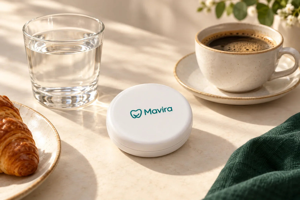 Closed white Mavira retainer case beside a glass of water and a cup of coffee on a breakfast table.