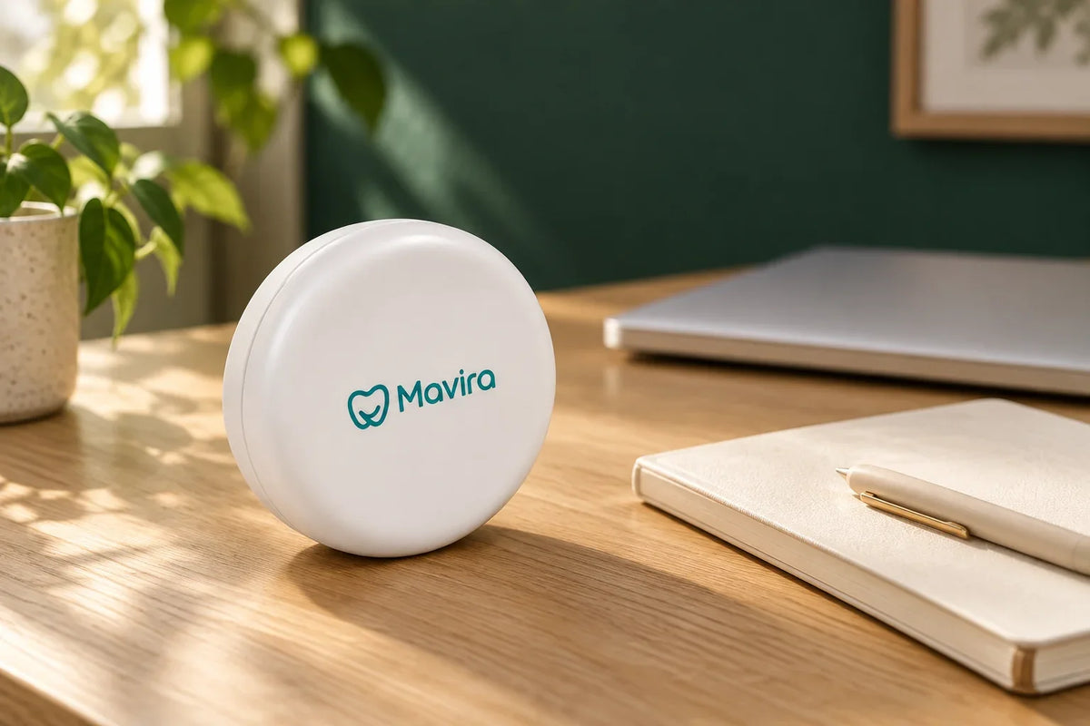 White Mavira retainer case beside a notebook and laptop on a home desk.
