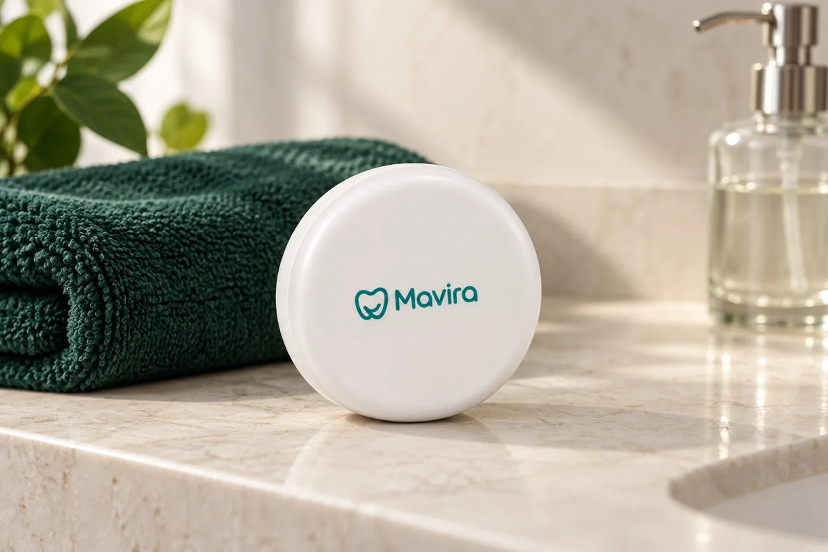 White Mavira retainer case on a stone shelf beside a dark green towel.