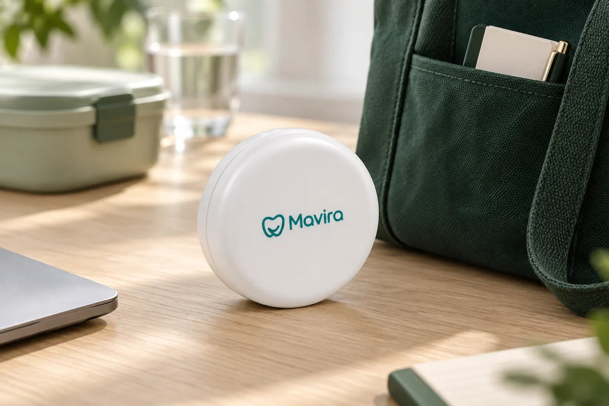 Closed white Mavira retainer case beside a green work bag and lunch container on a desk.
