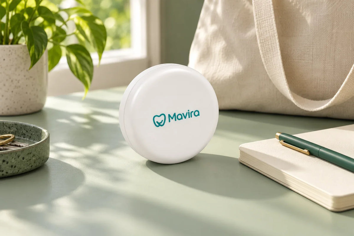 A white Mavira retainer case beside a notepad and green pen, with a canvas bag behind it.