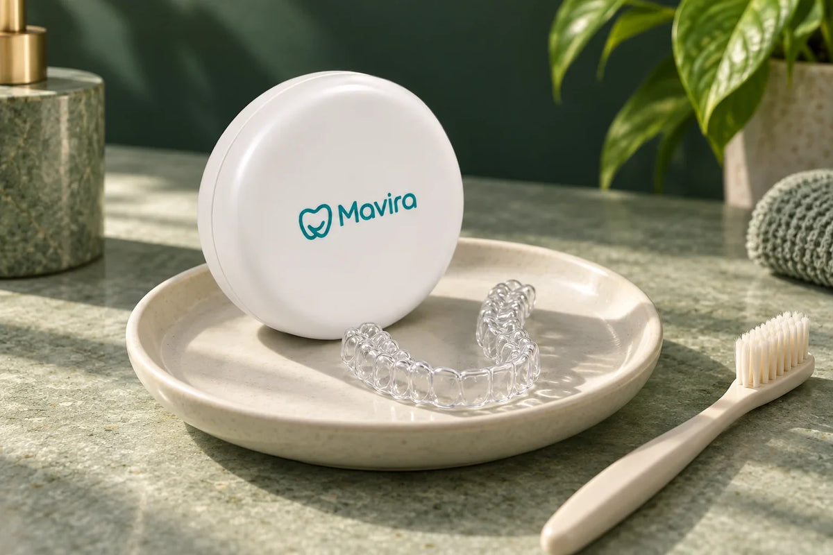 White Mavira case and clear retainer on a ceramic dish beside a separate toothbrush.