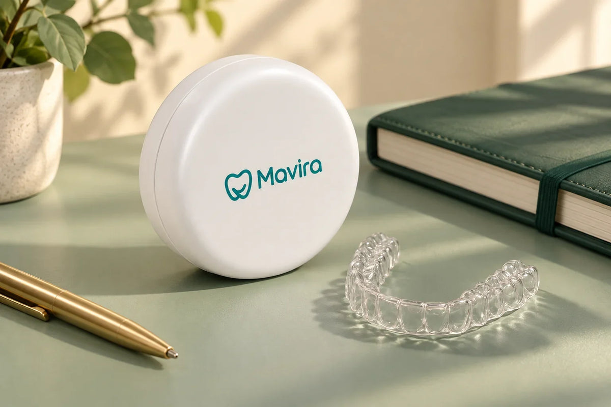 White Mavira retainer case and a clear retainer beside a green planner and pen on a sage desk.