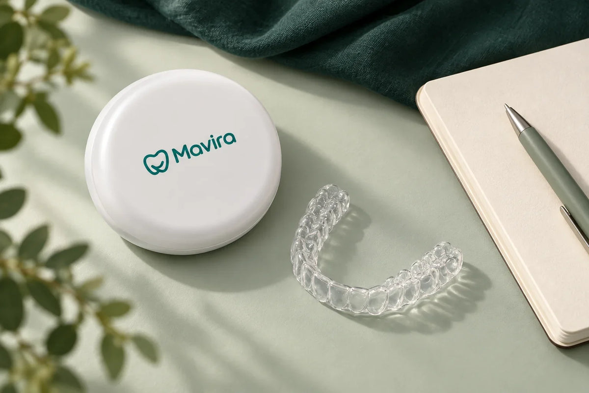 Clear retainer and white Mavira case beside a notebook and pen on a pale sage surface.