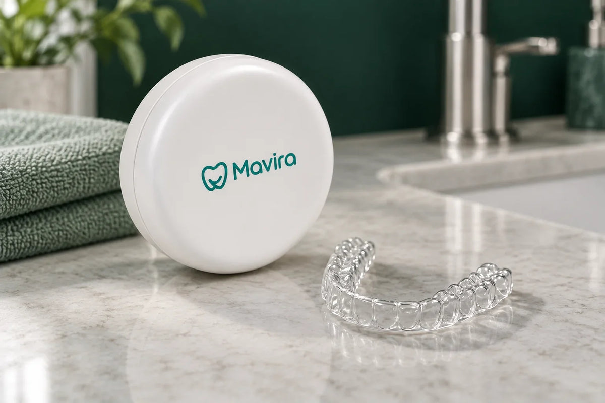 Clear retainer and white Mavira case on a pale bathroom counter beside a sage towel.