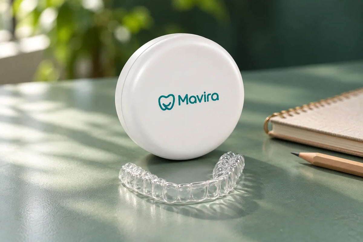 An intact clear retainer and white Mavira case beside a notebook on a sage counter.