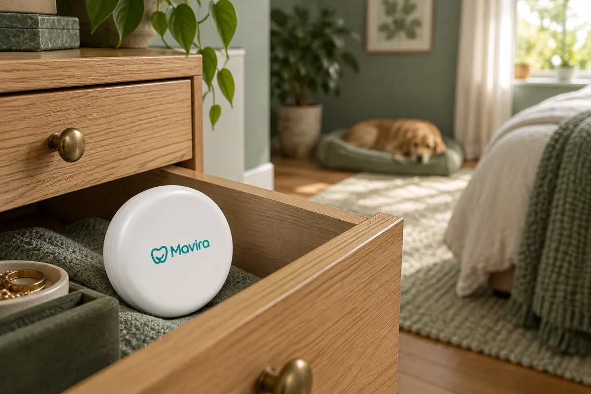 Closed white Mavira retainer case in an open wooden drawer, with a dog resting in the distant background.