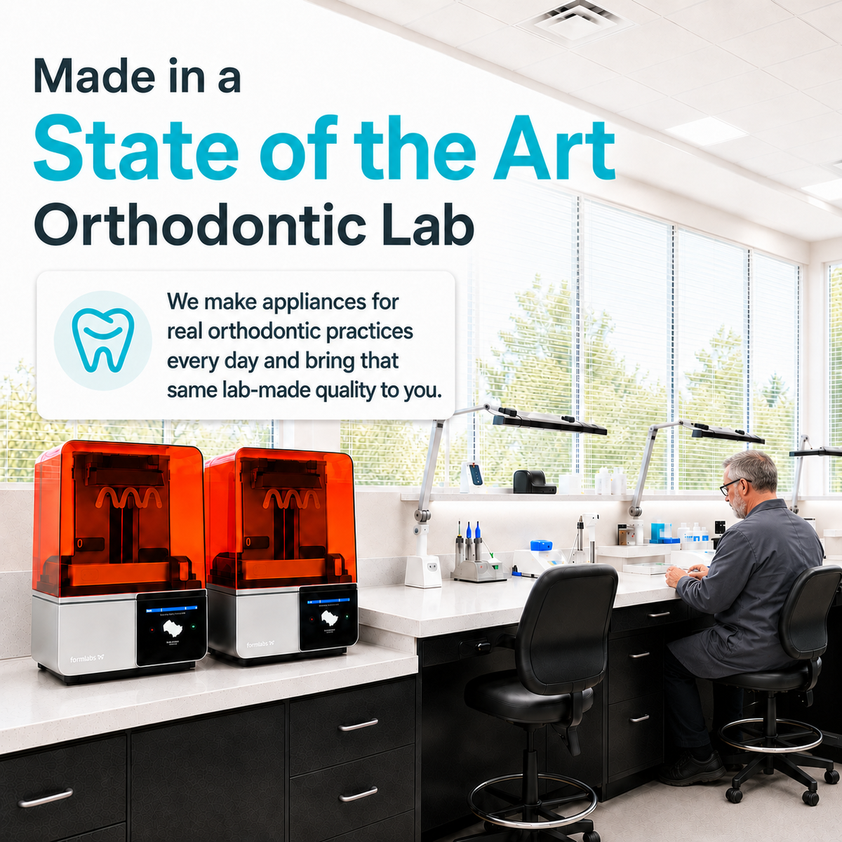 Mavira orthodontic lab with dental fabrication equipment and a technician at a workbench