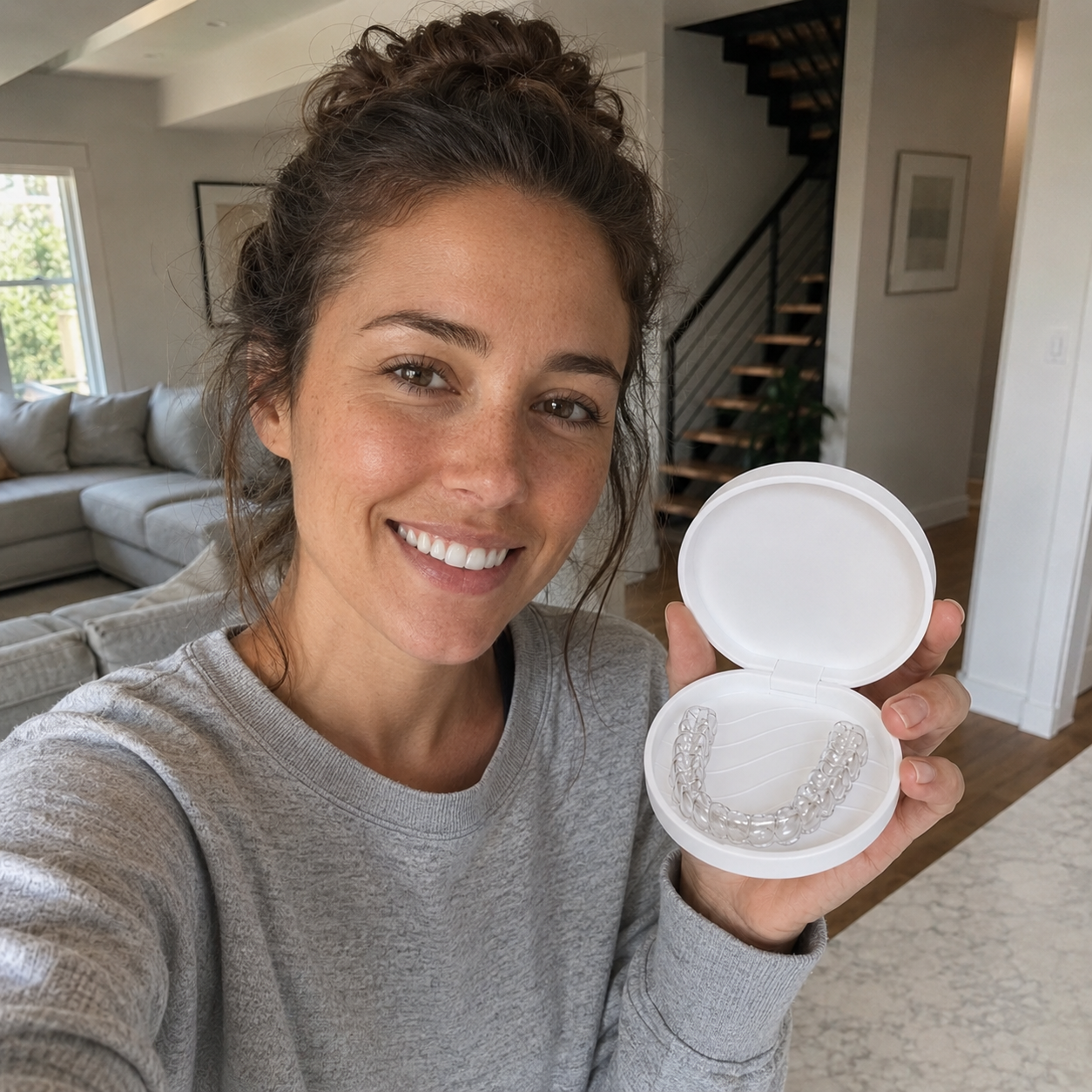 Customer holding a Mavira retainer case with retainers