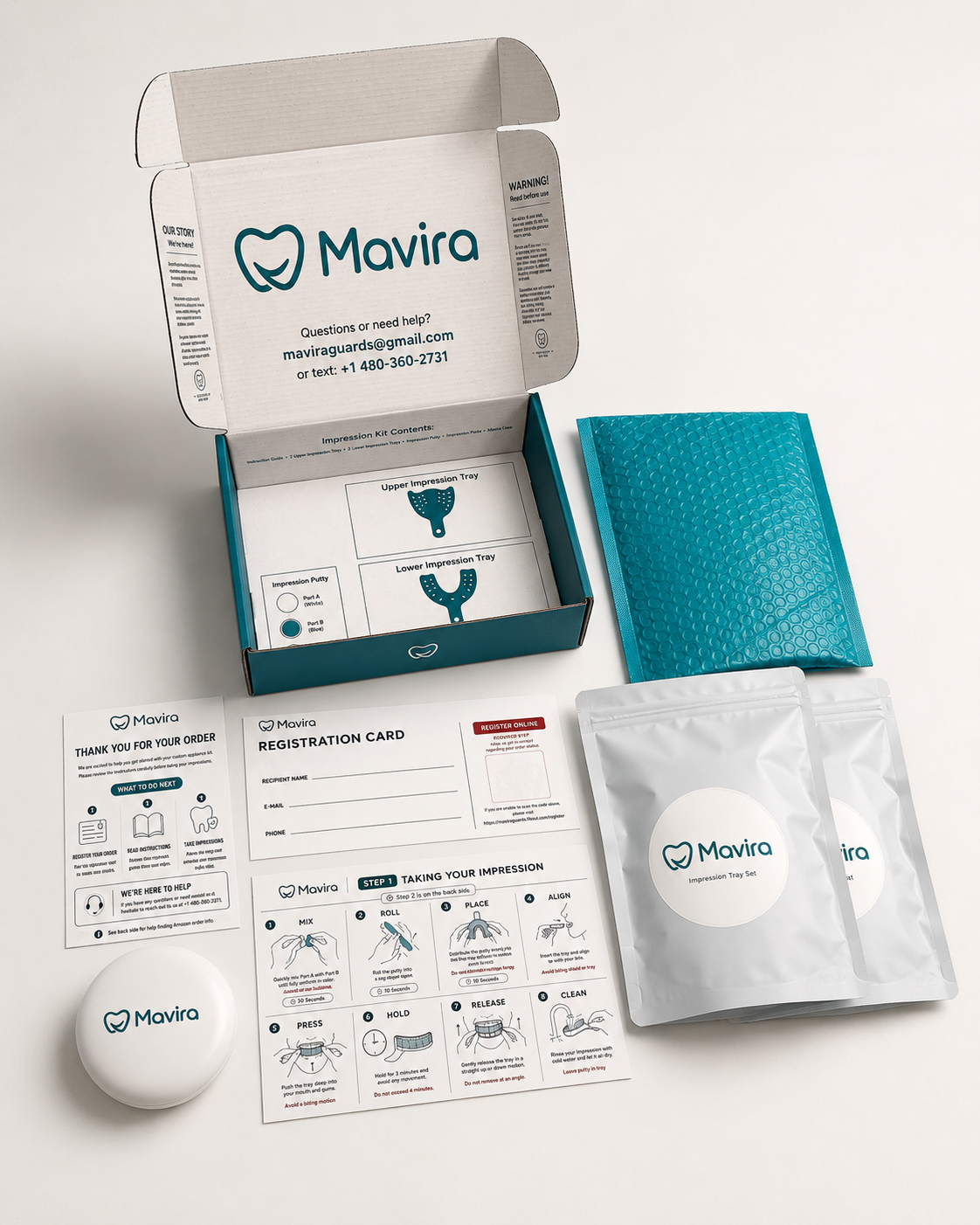 Mavira kit arrives with box, instructions, case, putty, trays, and prepaid mailer