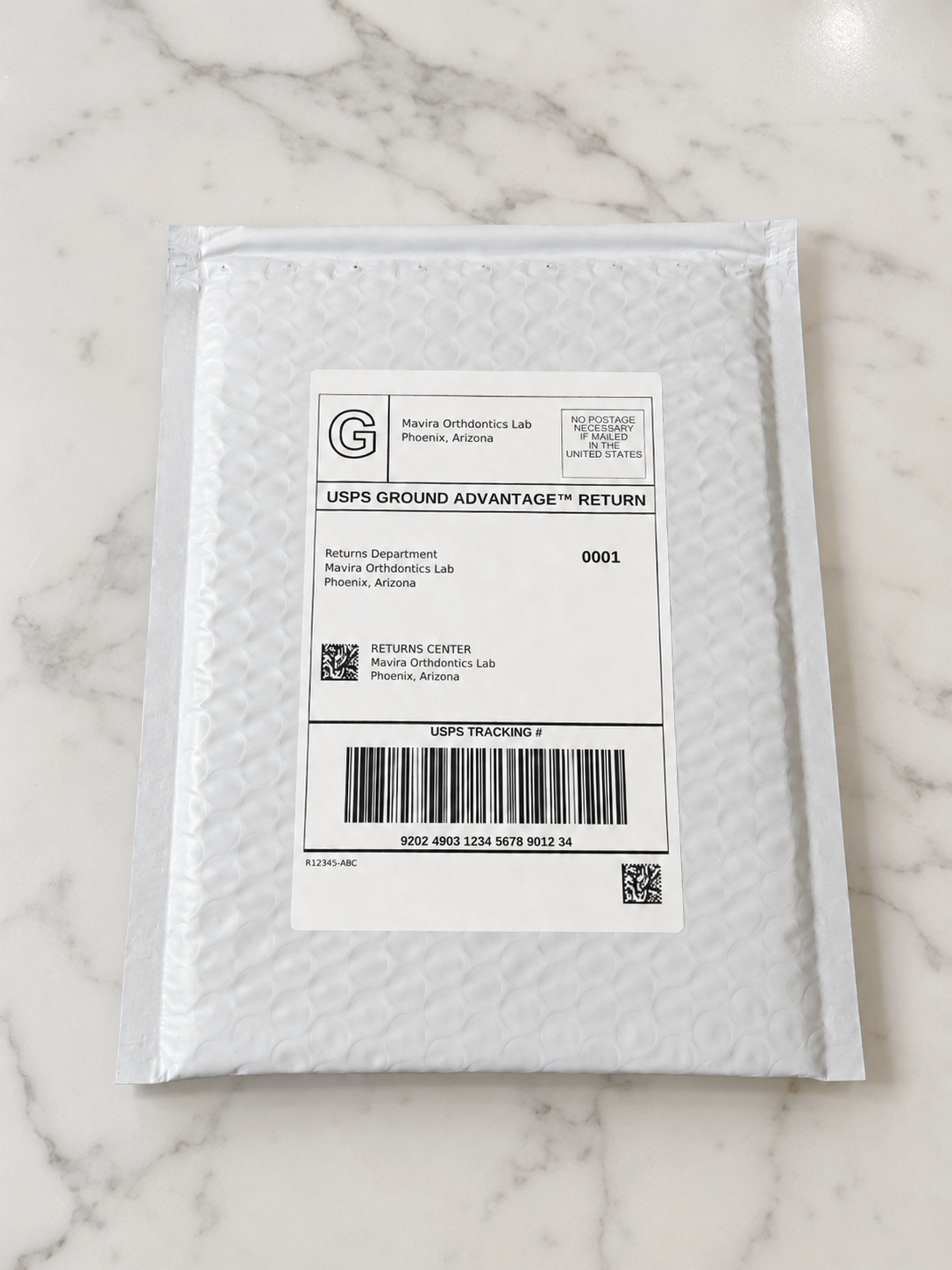 Mavira prepaid return mailer with printed shipping label