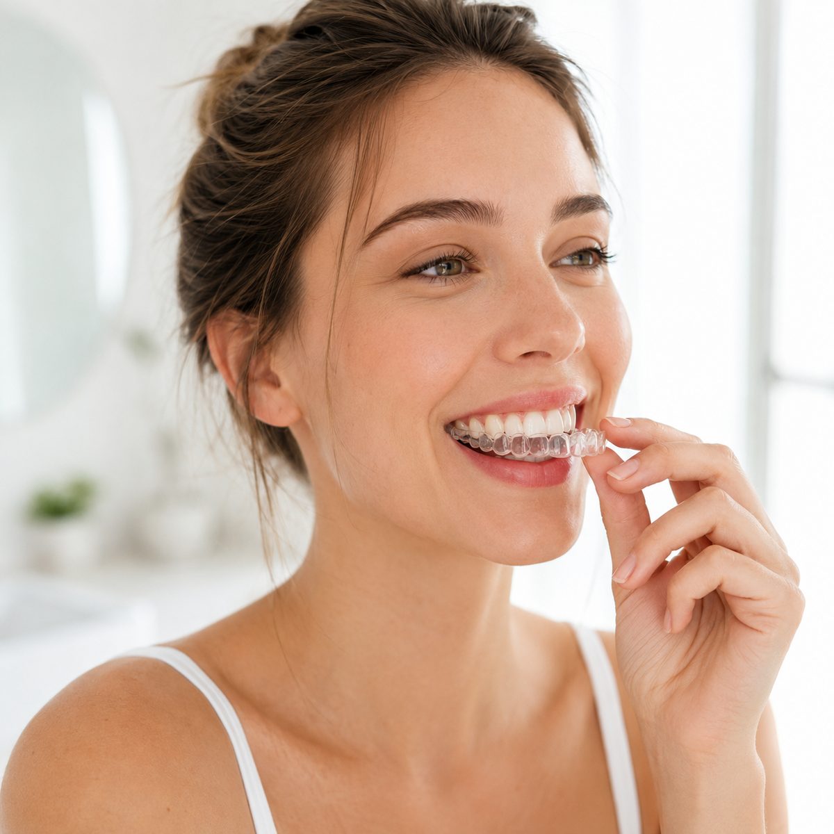 Person placing a clear retainer, bright bathroom