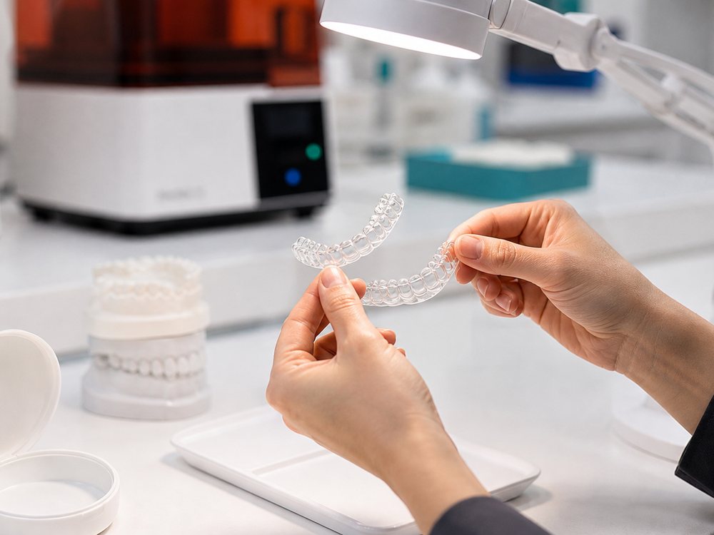 Clear retainers being inspected at an orthodontic lab bench