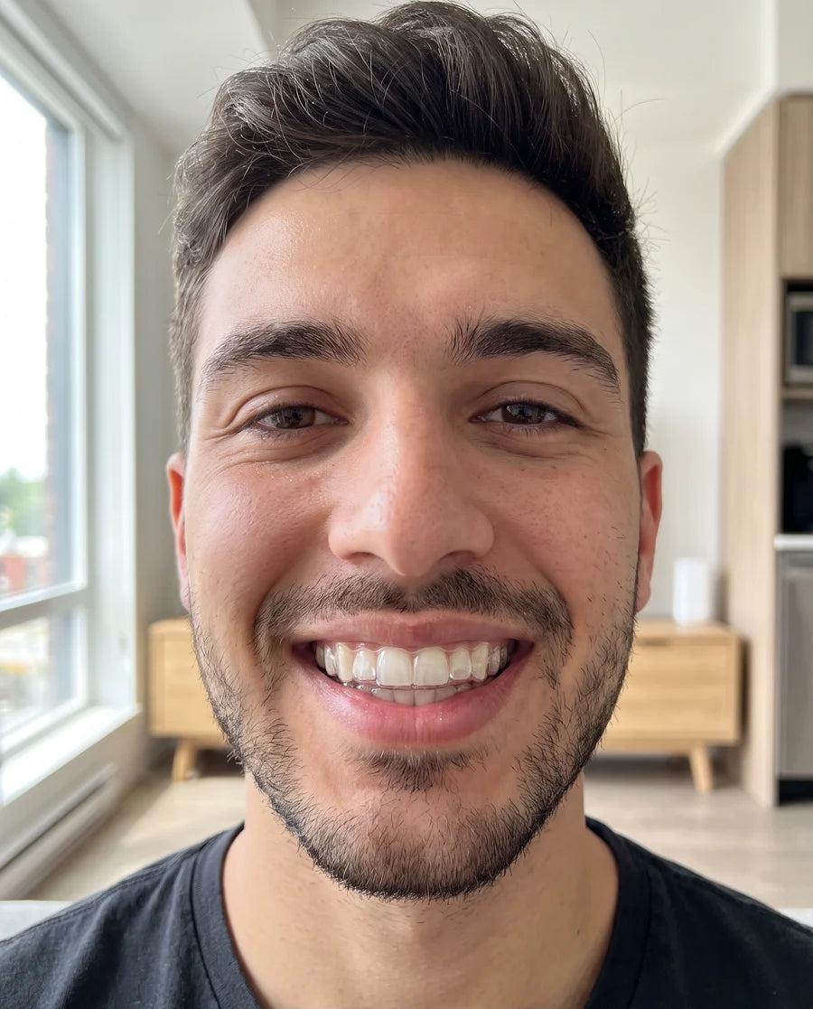 Person smiling near a window while wearing clear retainers