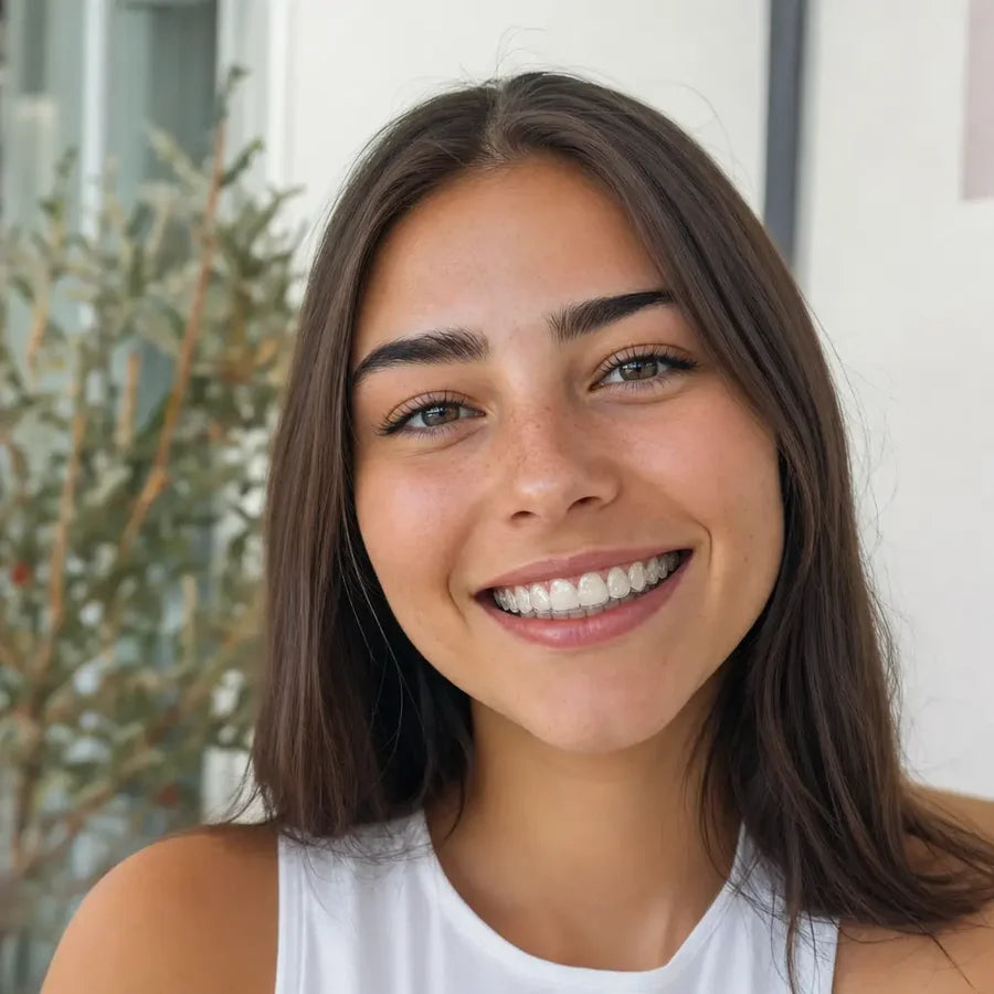Person smiling in a white top while wearing clear retainers