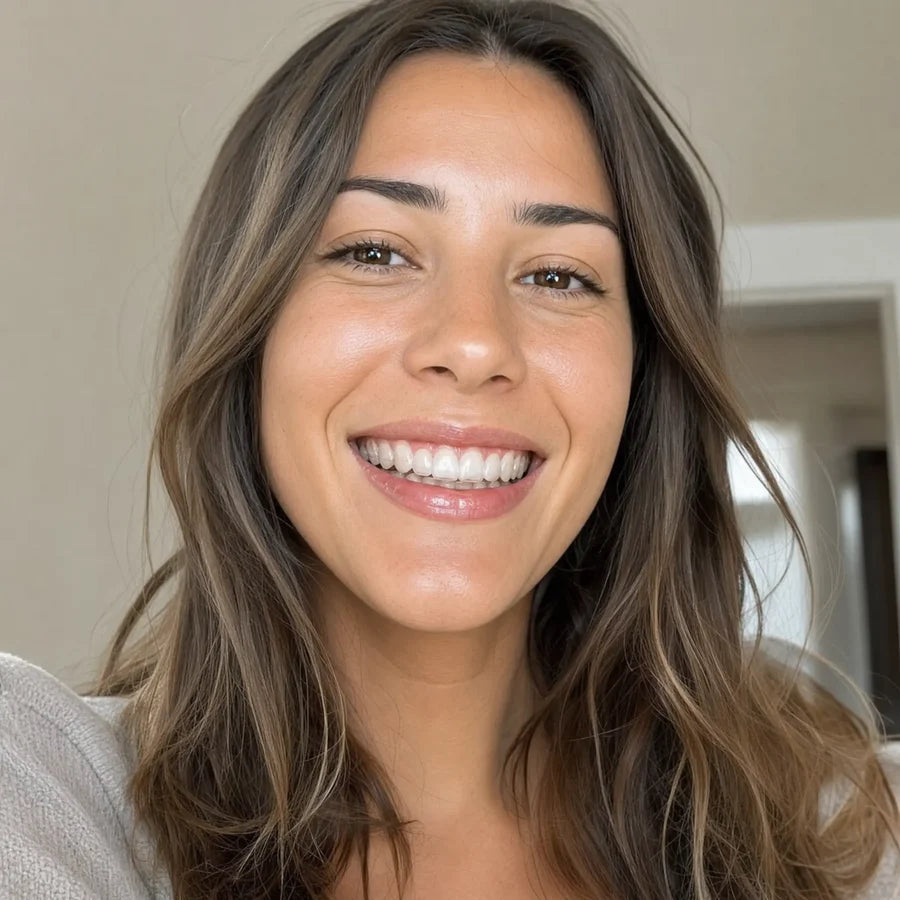 Person smiling at home while wearing clear retainers